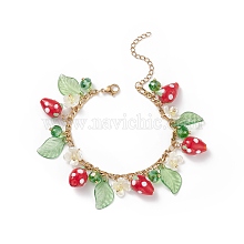 Plastic Imitation Pearl Flower & Acrylic Leaf & Lampwork Strawberry Charms Bracelet IV1432