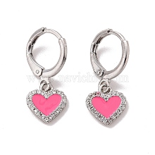 Clear Cubic Zirconia Heart Dangle Leverback Earrings with Pink Enamel IM4141