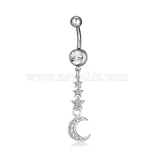 Piercing Jewelry, Brass Cubic Zirconia Navel Ring, Belly Rings, with 304 Stainless Steel Bar, Lead Free & Cadmium Free, Moon with Star