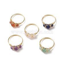 Natural Gemstone Round Braided Beaded Finger Ring, Light Gold Copper Wire Wrap Jewelry for Women