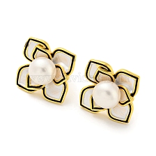 Brass Flower Stud Earrings with Natural Pearl, with 925 Sterling Silver Pins