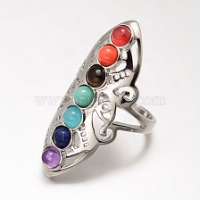 Chakra Jewelry, Brass Natural/Synthetic Mixed Stone Finger Rings, Wide Band Rings, Hollow, Size 8, Platinum, 18mm