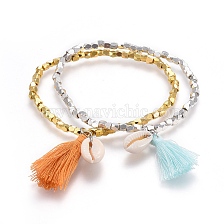 Brass Beads Stretch Bracelets, with Cotton Thread Tassel Pendant and Cowrie Shell