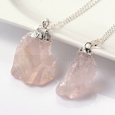 Natural Bezel Raw Rough Gemstone Rose Quartz Pendant Necklaces, with Brass Chains and Spring Ring Clasps, 18 inch 