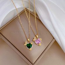 Classic Style Heart Shape Titanium Steel Brass Inlay Artificial Gemstones Pendant Necklace