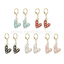 Alloy Enamel Heart Dangle Leverback Earrings, with Imitation Pearl Beaded