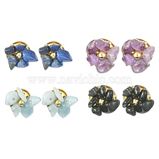 Natural Mixed Gemstone Chips Beaded Flower Stud Earrings, Golden Brass Jewelry