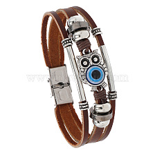 Owl with Evil Eye Alloy Link Multi-strand Bracelets, PU Leather Braided Triple Layer Gothic Bracelet for Men Women