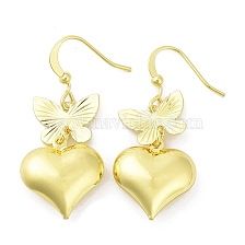 Rack Plating Brass Dnagle Earrings, Heart with Butterfly, Long-Lasting Plated