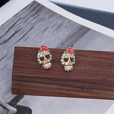 Luxury Rose Skull Earrings with Colorful Diamonds for Halloween Fashion.