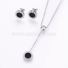 304 Stainless Steel Jewelry Sets, Stud Earrings and Pendant Necklaces, with Rhinestone and Enamel, Flat Round