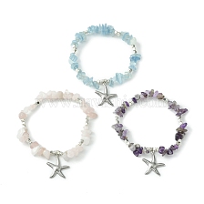 Natural Mixed Gemstone Chips Beaded Stretch Bracelets Set, 304 Stainless Steel Starfish Charms Stackable Bracelets for Women