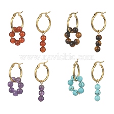 4 Pairs 4 Style NNatural & Synthetic Mixed Genstone Round Beaded Dangle Hoop Earrings, Real 18K Gold Plated 304 Stainless Steel Asymmetrical Earrings