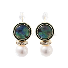 Brass Paua Shell Ear Studs, with Glass & Pearl Beads, 925 Sterling Silver Pins, Round