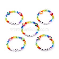 Transparent & Opaque Acrylic Beaded Bracelets for Kids, with Handmade Polymer Clay Beads, Word Happy, Mixed Shape