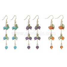 3 Pair 3 Style Natural Mixed Stone Beads & Acrylic Leaf Dangle Earrings, Real 18K Gold Plated Brass Tassel Earrings