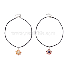 2Pcs 2 Styles Flower Glass Seed Beads Pendant Necklaces, Imitation Leather Cord Necklaces