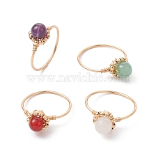 Natural Mixed Gemstone Round Beads Finger Ring, Light Gold Copper Wire Wrapped Ring