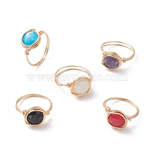 Natural Mixed Gemstone Flat Round Finger Rings, Golden Copper Wire Wrap Jewelry for Women