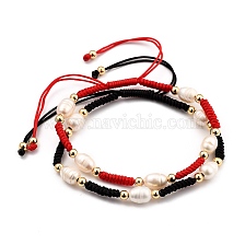 Adjustable Nylon Thread Braided Beads Bracelets, with Natural Cultured Freshwater Pearl Beads and Brass Beads, Real 18K Gold Plated