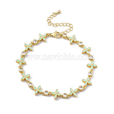 Pale Green Enamel Flower & Cubic Zirconia Link Chain Bracelet, Brass Jewelry for Women