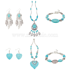 ANATTASOUL Natural & Synthetic Turquoise Heart Pendant Necklaces & Beaded Bracelets & Feather Chandellier Earrings, Alloy Jewelry for Women