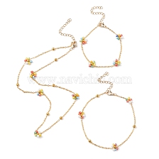 Colorful Glass Seed Beaded Flower Link Chain Bracelets & Necklaces & Anklet, Ion Plating(IP) Brass Jewelry Set