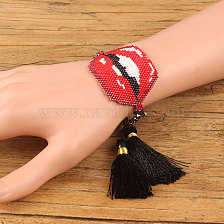 Miyuki Seed Braided Bead Bracelet with Double Tassel, Sexy Lip Friendship Bracelet for Women