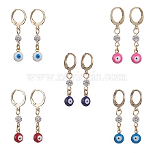 Brass Enamel Evil Eye Hoop Earrings, 304 Stainless Steel Leverback Earring with Polymer Clay Rhinestone Bead for Women