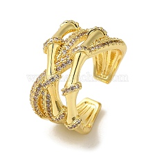 Brass Cubic Zirconia Bamboo Open Cuff Ring, Cadmium Free & Lead Free, Real 18K Gold Plated, Inner Diameter: 17mm