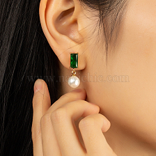 Green Zircon Shell Pendant Earrings Set, Stainless Steel Gold Plated Jewelry