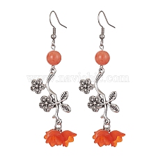 Natural Dyed Mashan Jade Flower with Acrylic Beaded Dangle Earrings, 304 Stainless Steel Long Drop Earrings