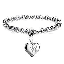 Adjustable Brass Charm Bracelets, Heart with Letter R, with Belcher Chain and Lobster Claw Clasps, Platinum, 8-1/2 inch(21.5cm)