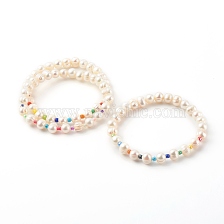 3Pcs 3 Styles Natural Cultured Freshwater Pearl Stretch Beaded Bracelets Sets, with Glass Seed Beads