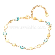 304 Stainless Steel Link Bracelets, with Enamel and Lobster Claw Clasps, Evil Eye & Flower, Sky Blue