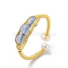 Natural Pearl & Aquamarine Beaded Open Cuff Ring, Brass Wire Wrap Finger Ring