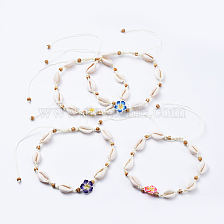 Adjustable Nylon Thread Braided Bead Necklaces, with Cowrie Shell Beads, Wood Beads and Polymer Clay 3D Flower Plumeria Beads