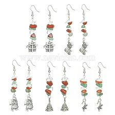 Christmas Theme Tibetan Style Alloy Dangle Earrings with Brass Pins, Natural Red Jasper & Green Aventurine & Glass Beaded Earrings