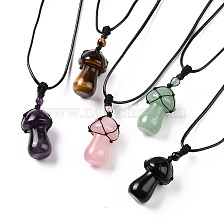 Natural Gemstone Mushroom Pendant Necklace, Wax Rope Macrame Pouch Braided Necklace for Women