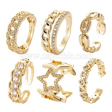 6Pcs 6 Styles Brass Micro Pave Cubic Zirconia Cuff Rings, Open Rings, Long-Lasting Plated, Chain & Hollow Star & Curb Chain Shape & Square with Rhombus & Coffee Bean Chain Shape