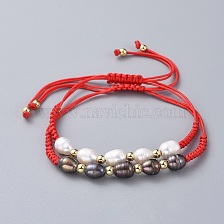 Braided Bead Bracelets, with Natural Cultured Freshwater Pearl Beads, Brass Beads and Nylon Thread