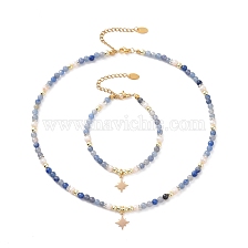 Brass Star Charm Bracelet & Necklace, Natural Blue Aventurine & Pearl Beaded Chains Jewelry Set for Women