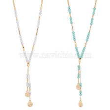 ANATTASOUL 2Pcs 2 Colors Glass Beaded Lariat Necklaces Set with Alloy Coreana Chain, Flat Round Pendants Slider Necklaces for Women