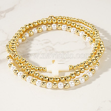 Beaded Cross Bracelet Set with Faux Pearl and Gold Beads