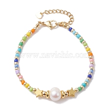 Plastic Imitation Pearl & 201 Stainless Steel Star & Seed Beaded Bracelet