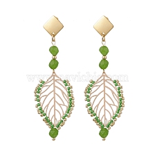 Natural White Jade Leaf Stud Earrings, with Brass Pendants and 304 Stainless Steel Stud Earring Findings, Golden