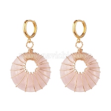 Donut Natural Rose Quartz Dangle Hoop Earrings, Wire Wrap Stone Drop Earrings for Women, Golden