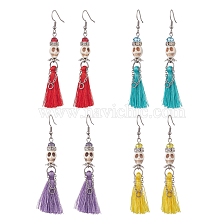 4 Pair 4 Color Synthetic Turquoise Skull Dangle Earrings, 316 Surgical Stainless Steel Tassel Earrings for Halloween