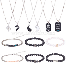 ANATTASOUL Valentine's Day Heart & Yin Yang & Rectangle Alloy Pendant Necklaces & Link Bracelet & Natural Lava Rock Stretch Bracelets, Jewelry Set for Women