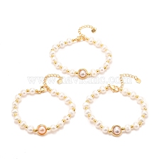 Natural Pearl Link Bracelets, Real 18K Gold Plated, with Brass Round Beads, Long-Lasting Plated